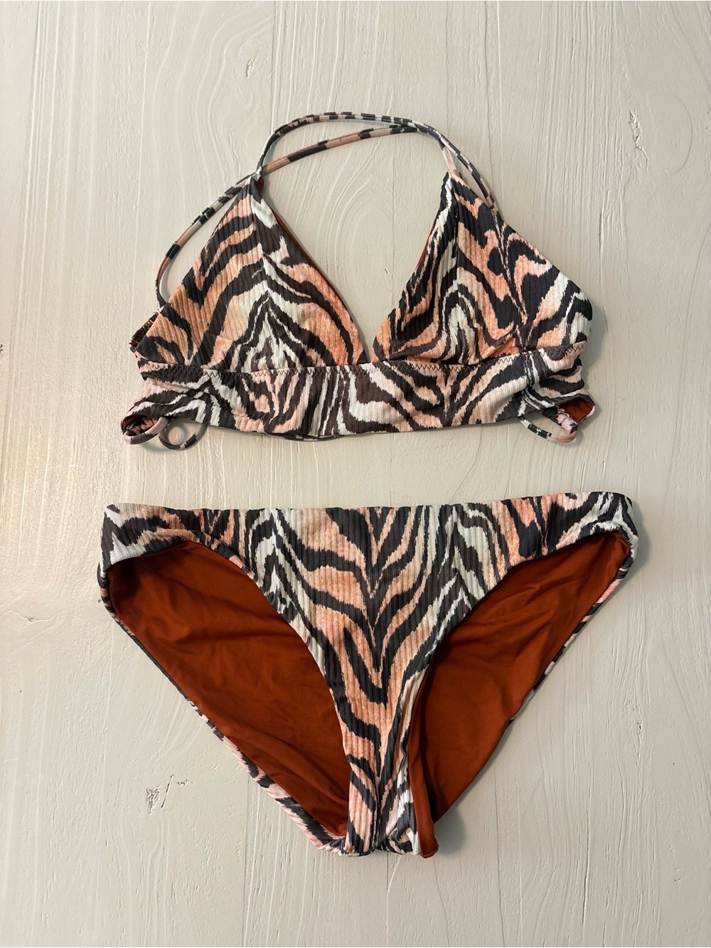 Zebra Stripe Triangle Bikini Set in Peach, Black & White